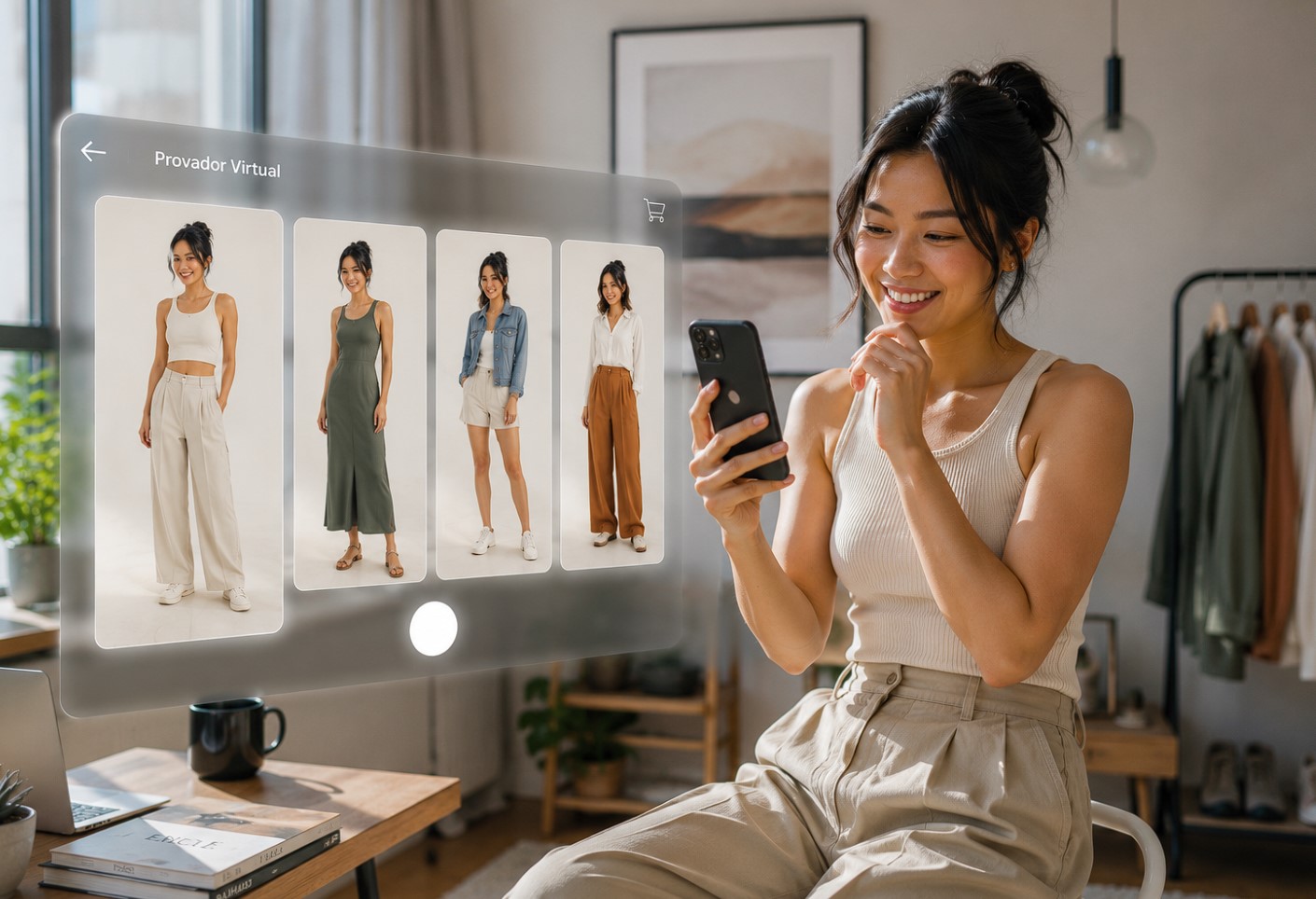 Cliente experimentando vestidos no escritório em casa