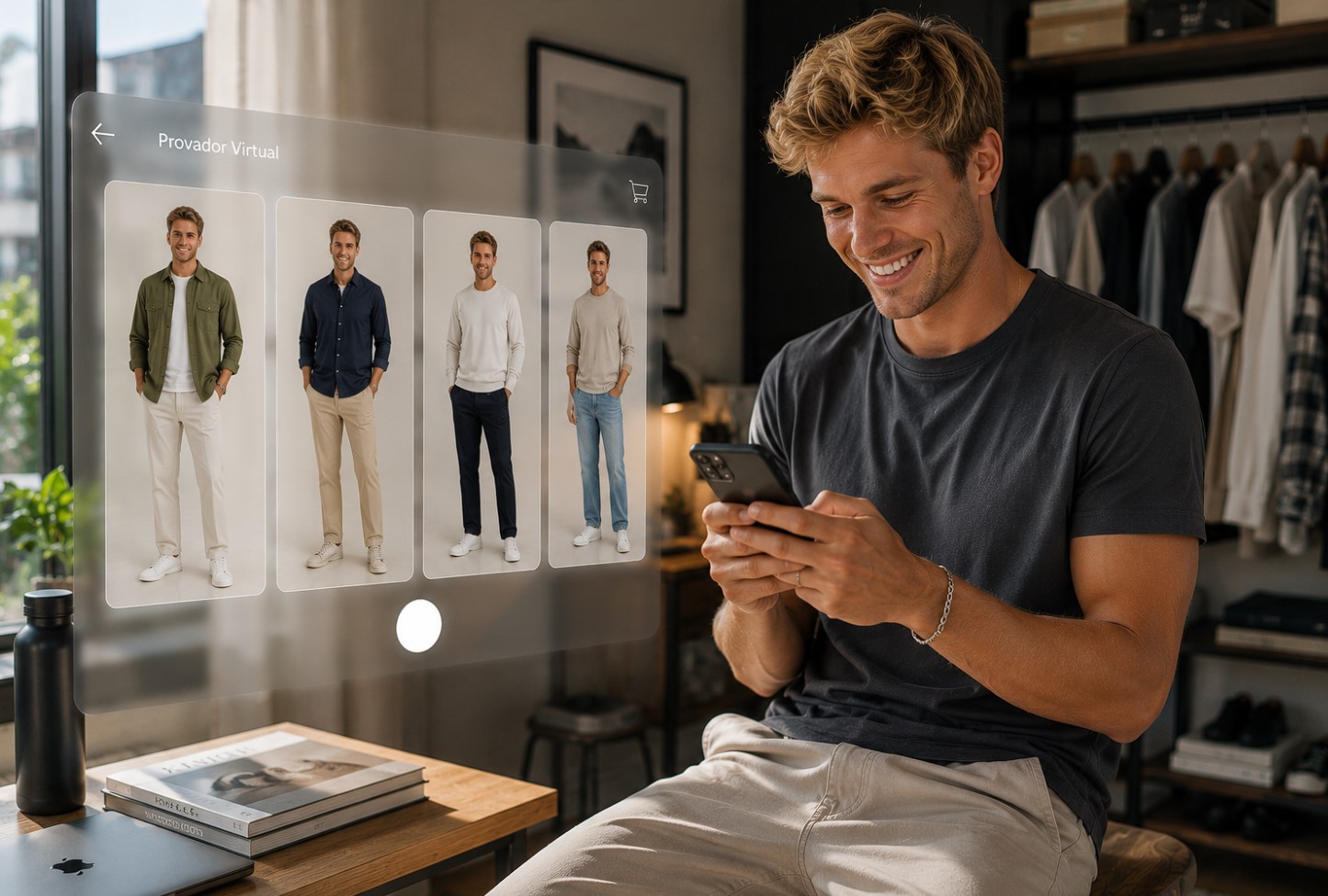Cliente provando moletons e camisetas